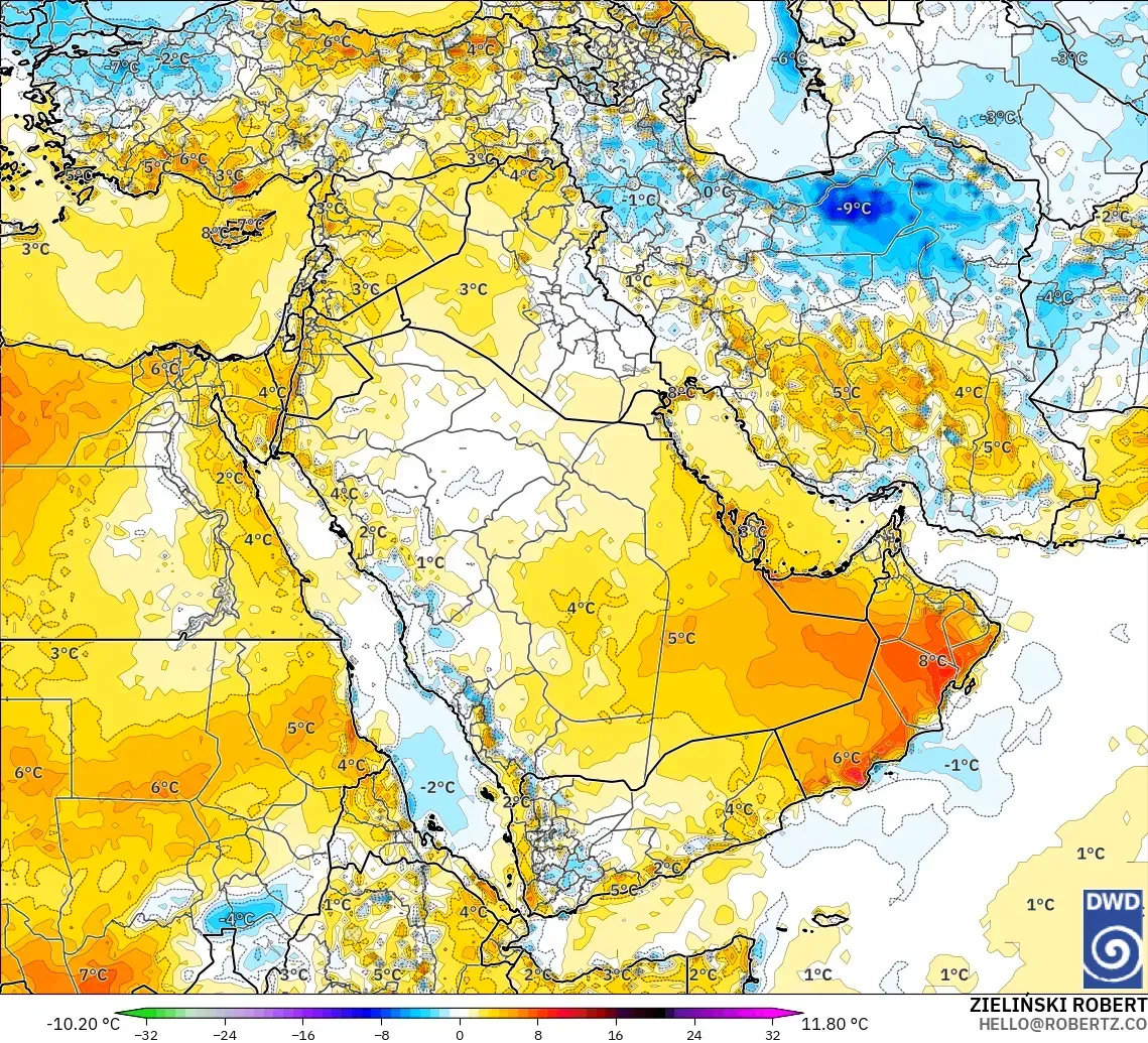 ICON modelo - Oriente Medio, Anomalía de temperatura a 2 m