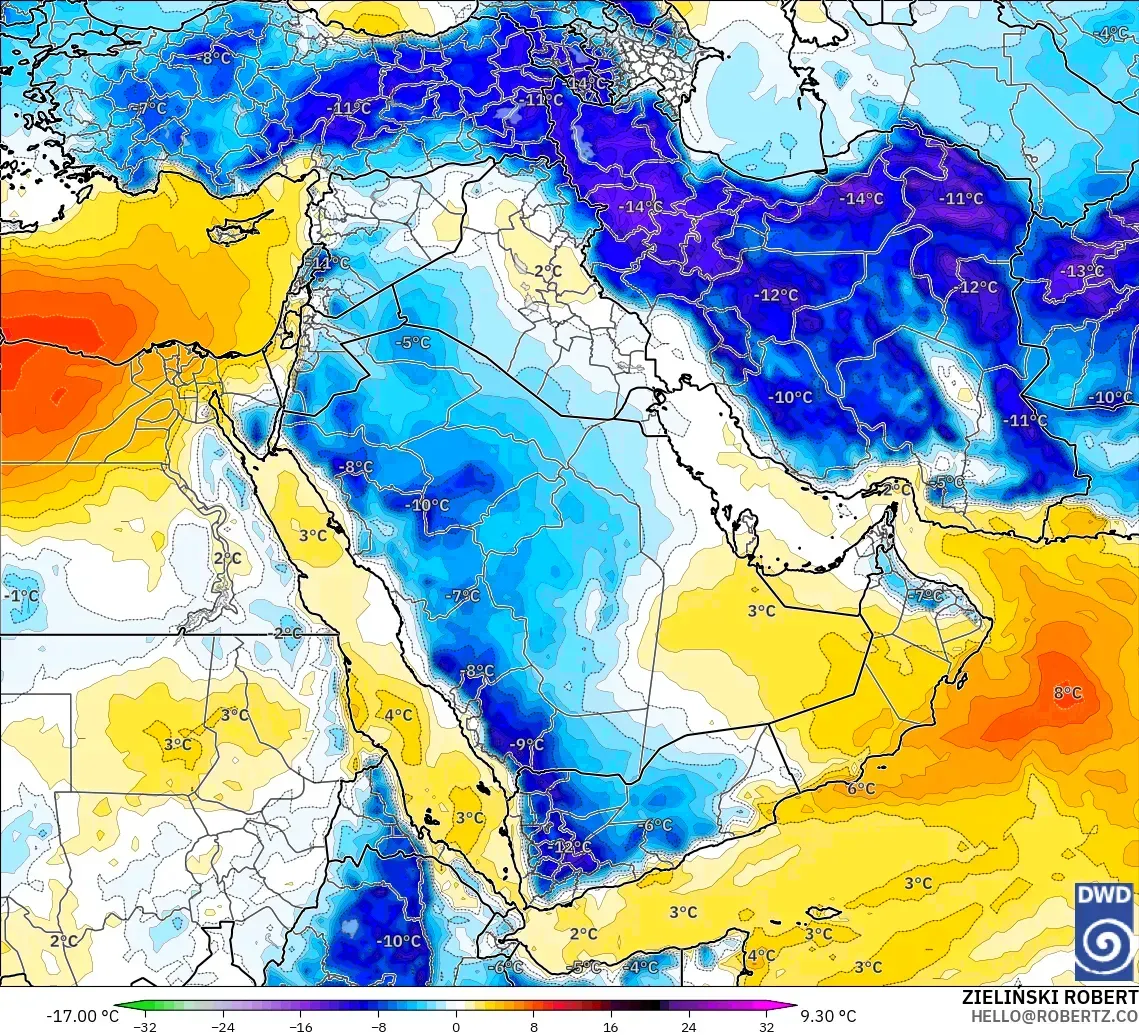 ICON modelo - Oriente Medio, Anomalía de temperatura a 850 hPa