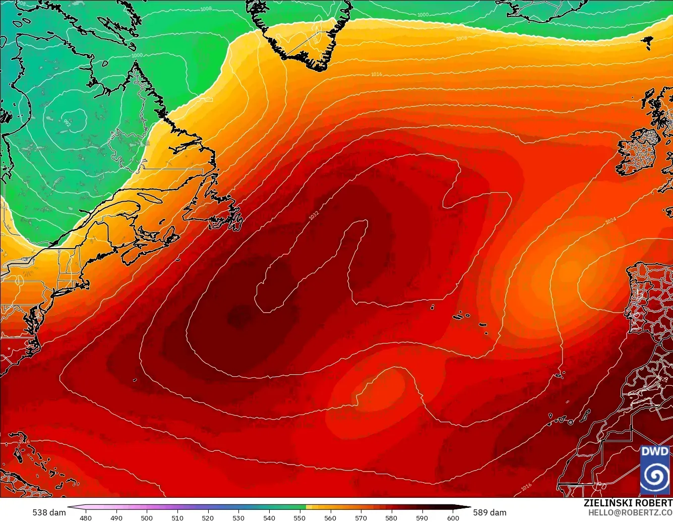 ICON modelo - Norte Atlántico, Altura geopotencial a 500 hPa