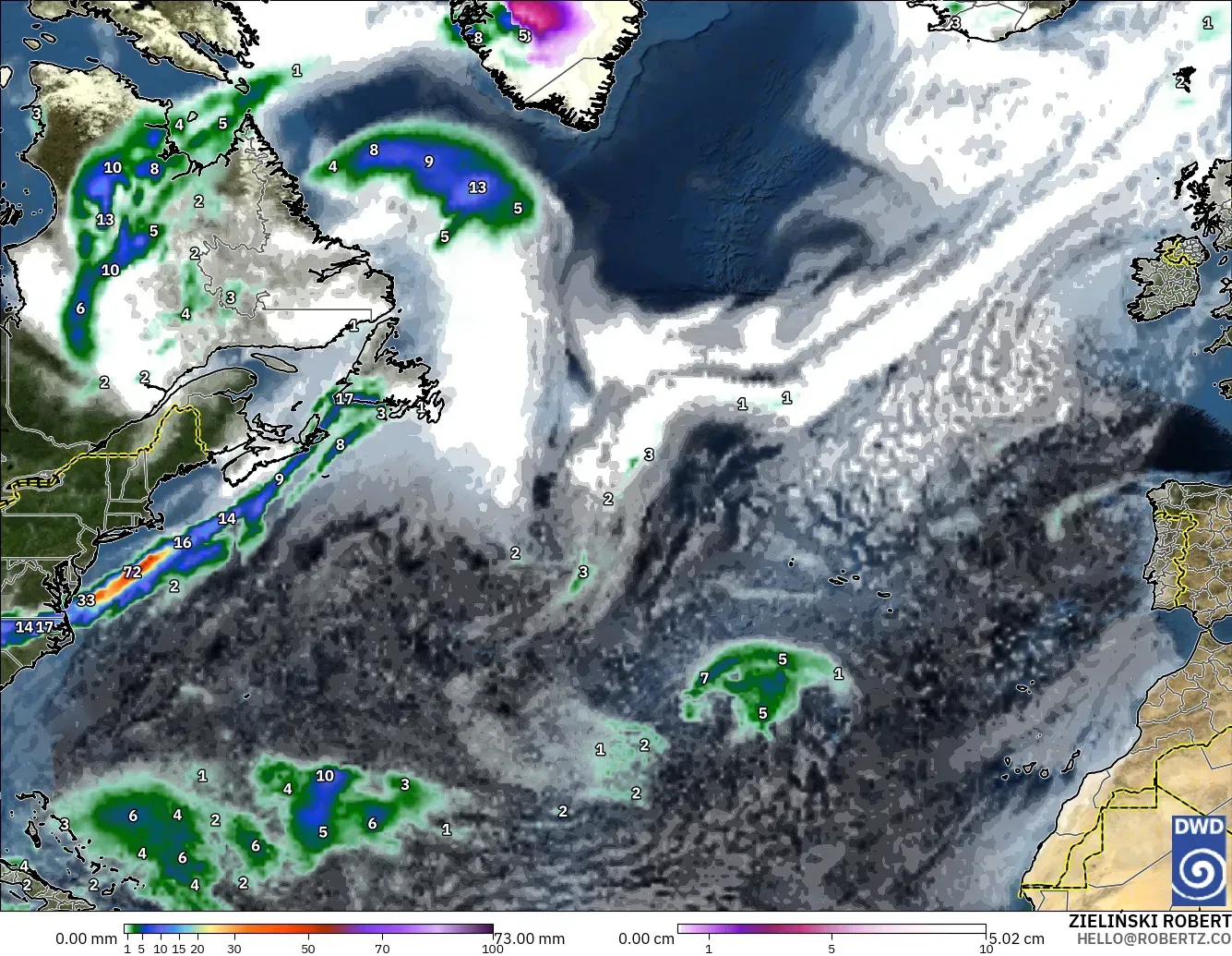 ICON modelo - Norte Atlántico, Precipitación, nubes y presión