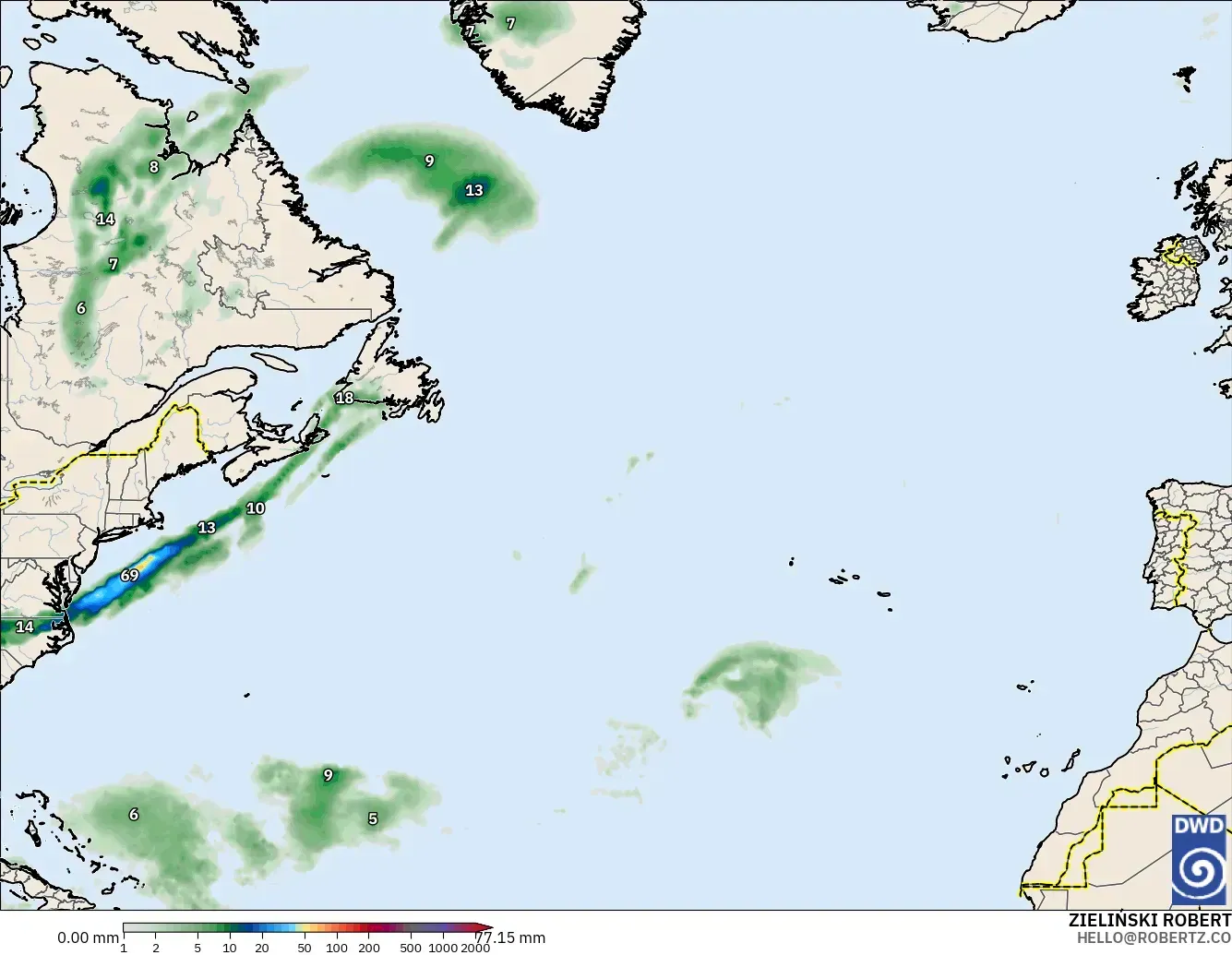 ICON modelo - Norte Atlántico, Acumulación de precipitación