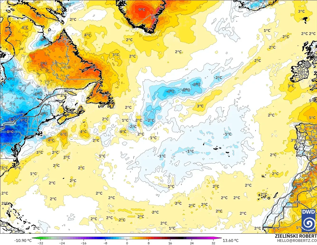 ICON modelo - Norte Atlántico, Anomalía de temperatura a 2 m