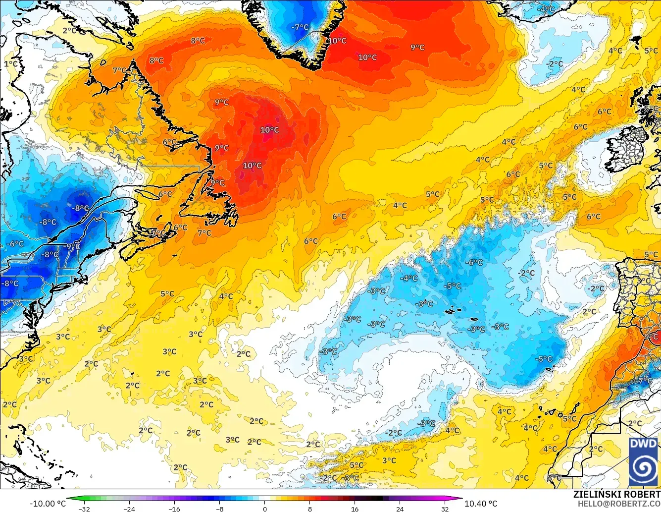 ICON modelo - Norte Atlántico, Anomalía de temperatura a 850 hPa