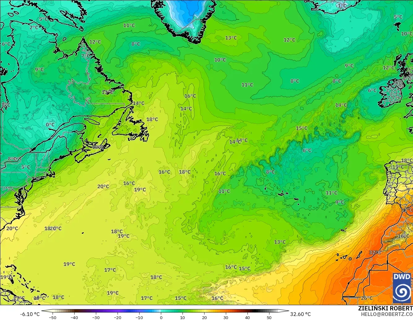 ICON modelo - Norte Atlántico, Temperatura a 850 hPa