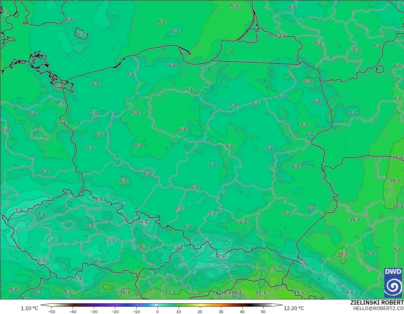 ICON modelo - Polonia, Temperatura a 850 hPa