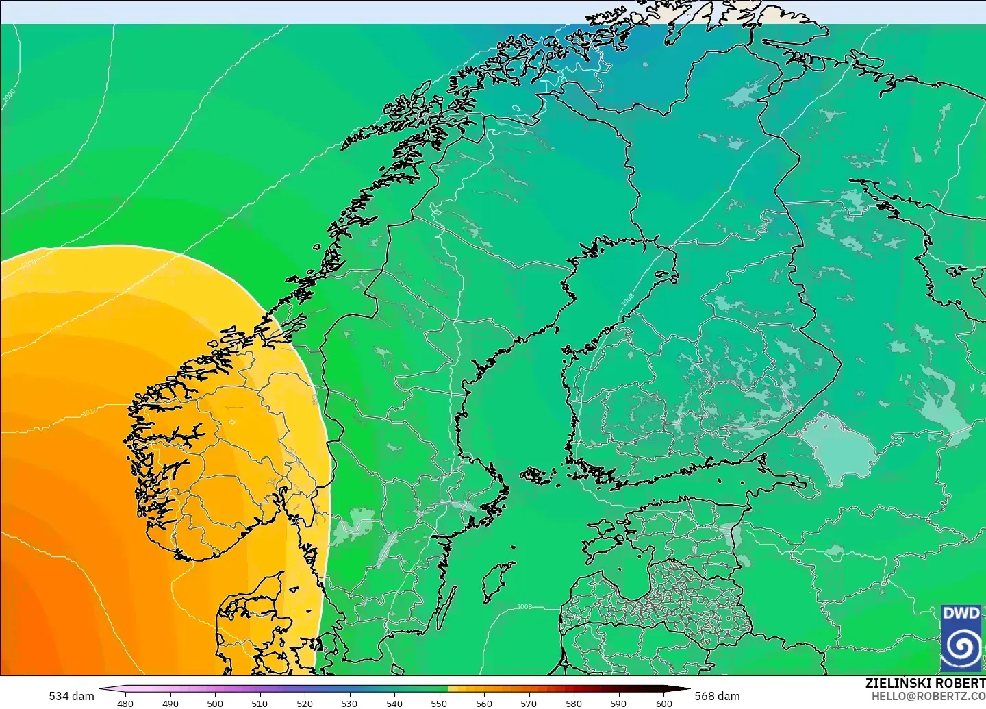 ICON modelo - Escandinavia, Altura geopotencial a 500 hPa