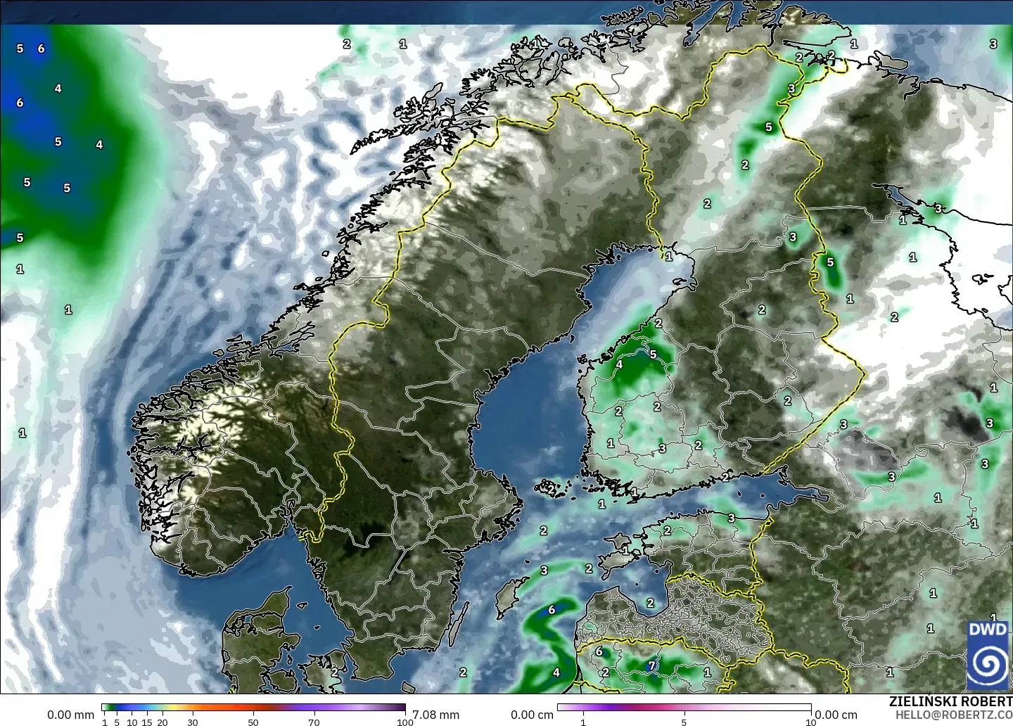 ICON modelo - Escandinavia, Precipitación, nubes y presión