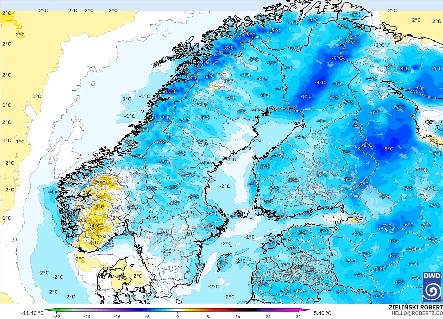 ICON modelo - Escandinavia, Anomalía de temperatura a 2 m