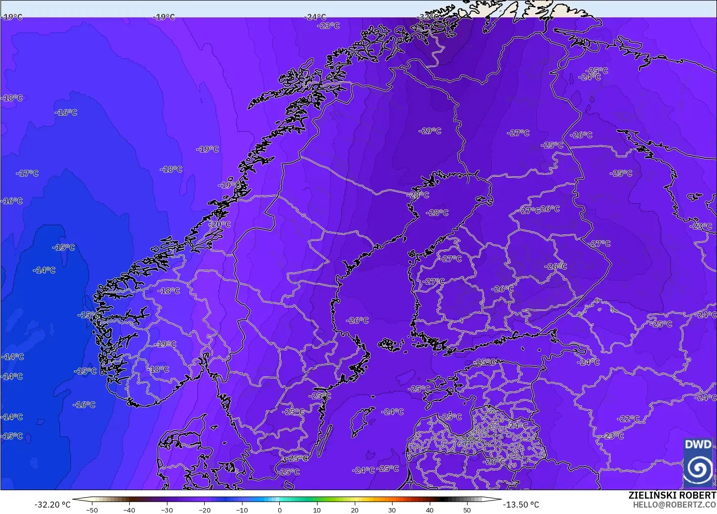 ICON modelo - Escandinavia, Temperatura a 500 hPa