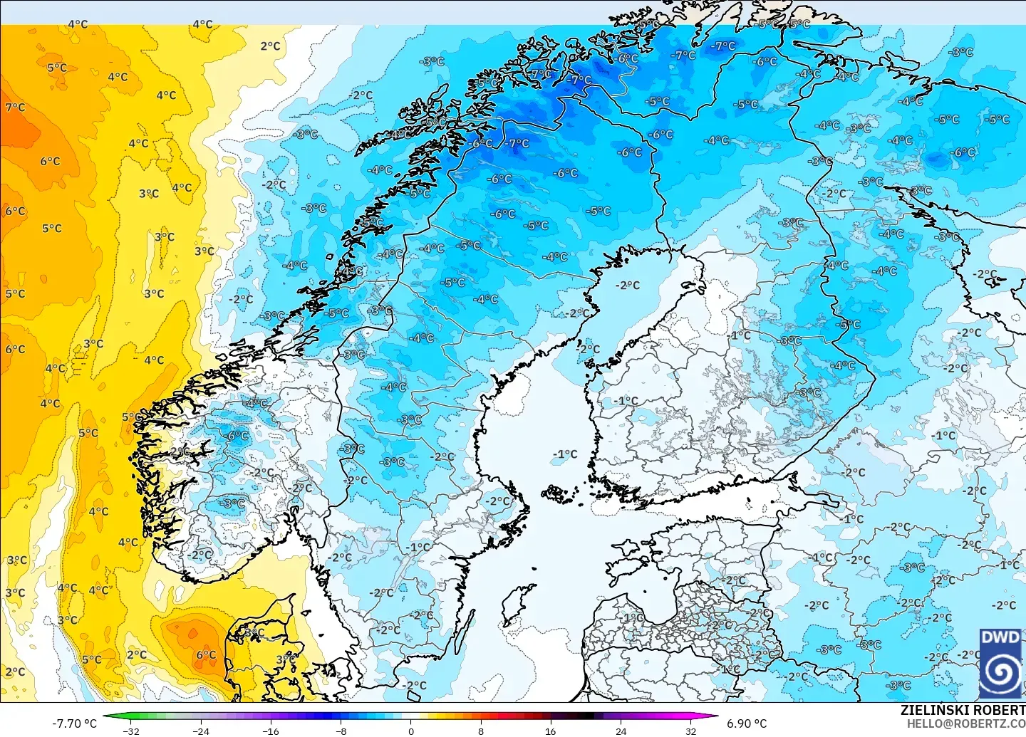 ICON modelo - Escandinavia, Anomalía de temperatura a 850 hPa