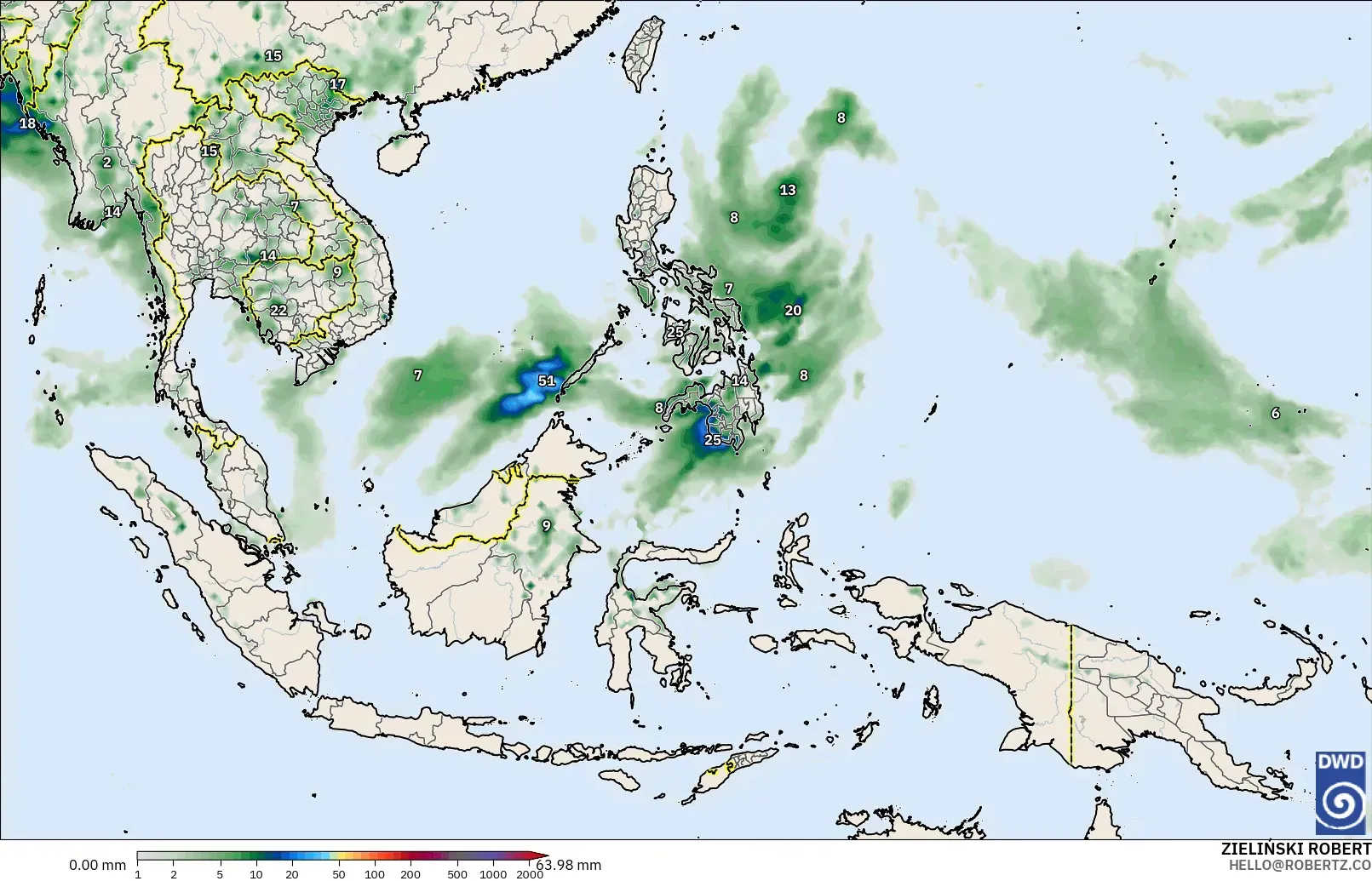 ICON modelo - Sudeste Asiático, Acumulación de precipitación