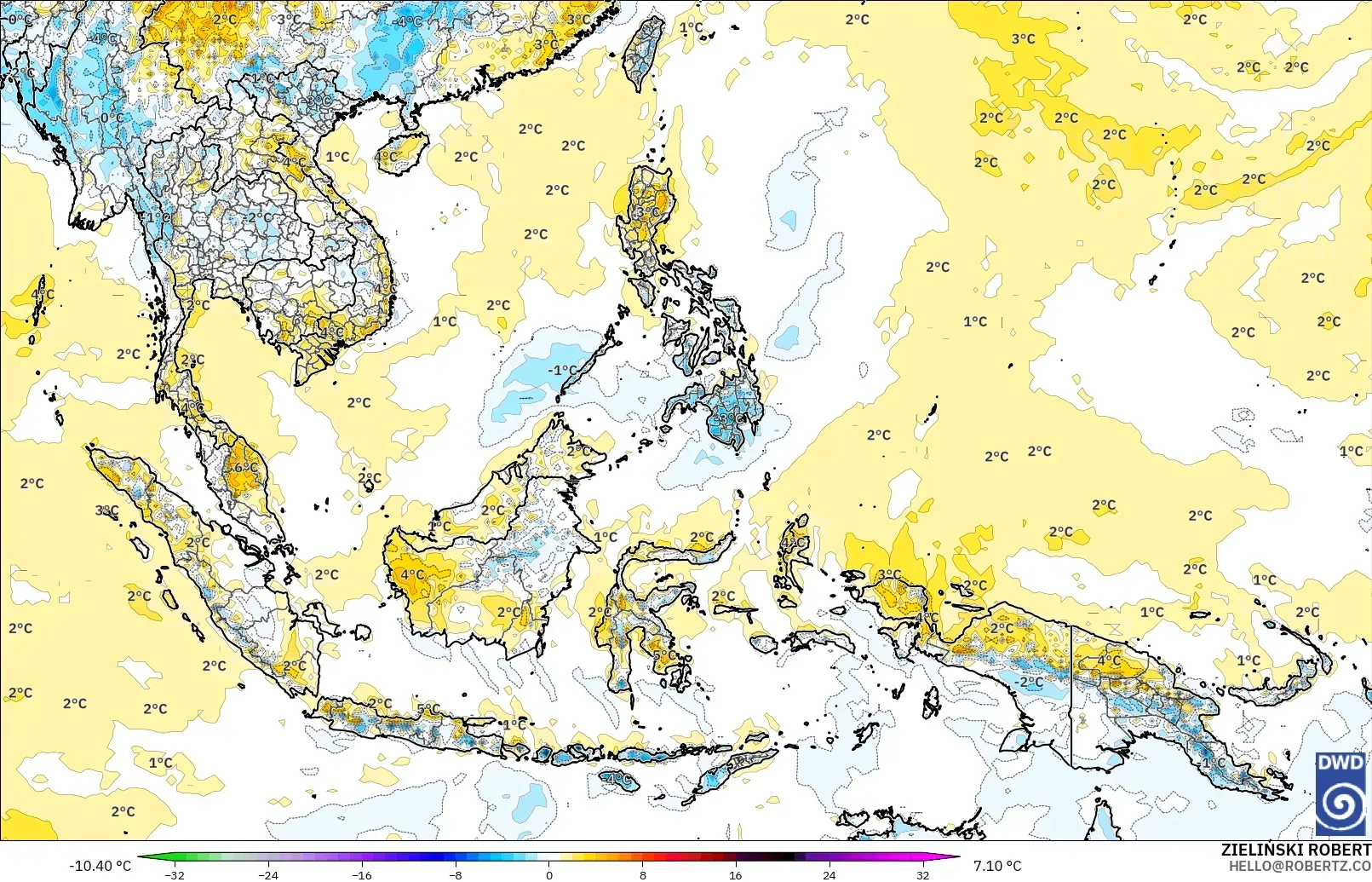 ICON modelo - Sudeste Asiático, Anomalía de temperatura a 2 m