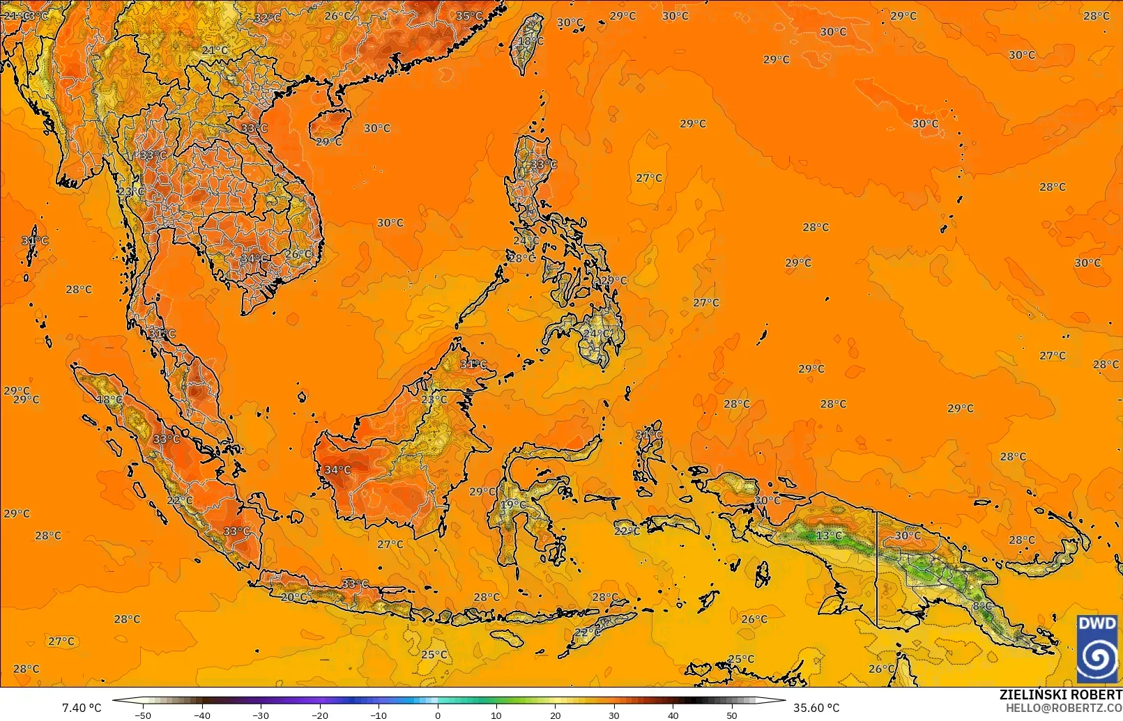 ICON modelo - Sudeste Asiático, Temperatura a 2 m