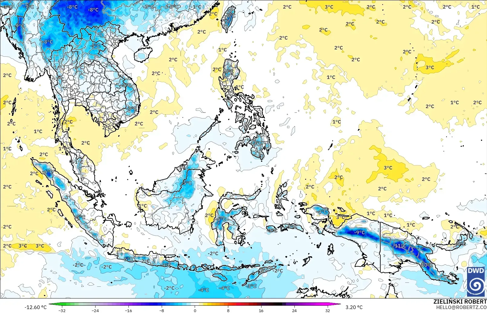ICON modelo - Sudeste Asiático, Anomalía de temperatura a 850 hPa