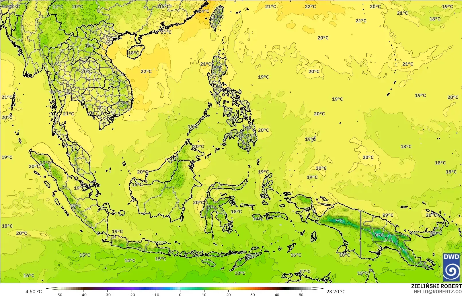 ICON modelo - Sudeste Asiático, Temperatura a 850 hPa