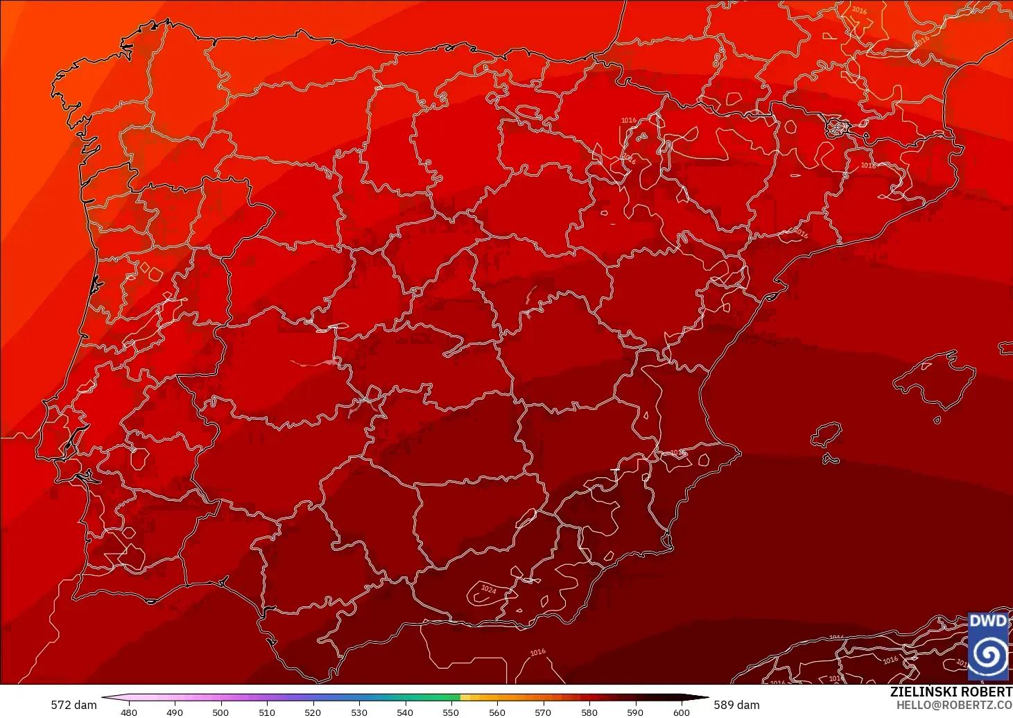 ICON modelo - España, Altura geopotencial a 500 hPa