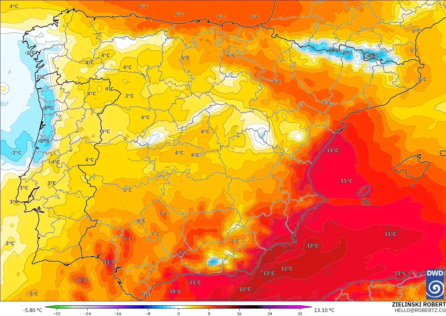 ICON modelo - España, Anomalía de temperatura a 850 hPa