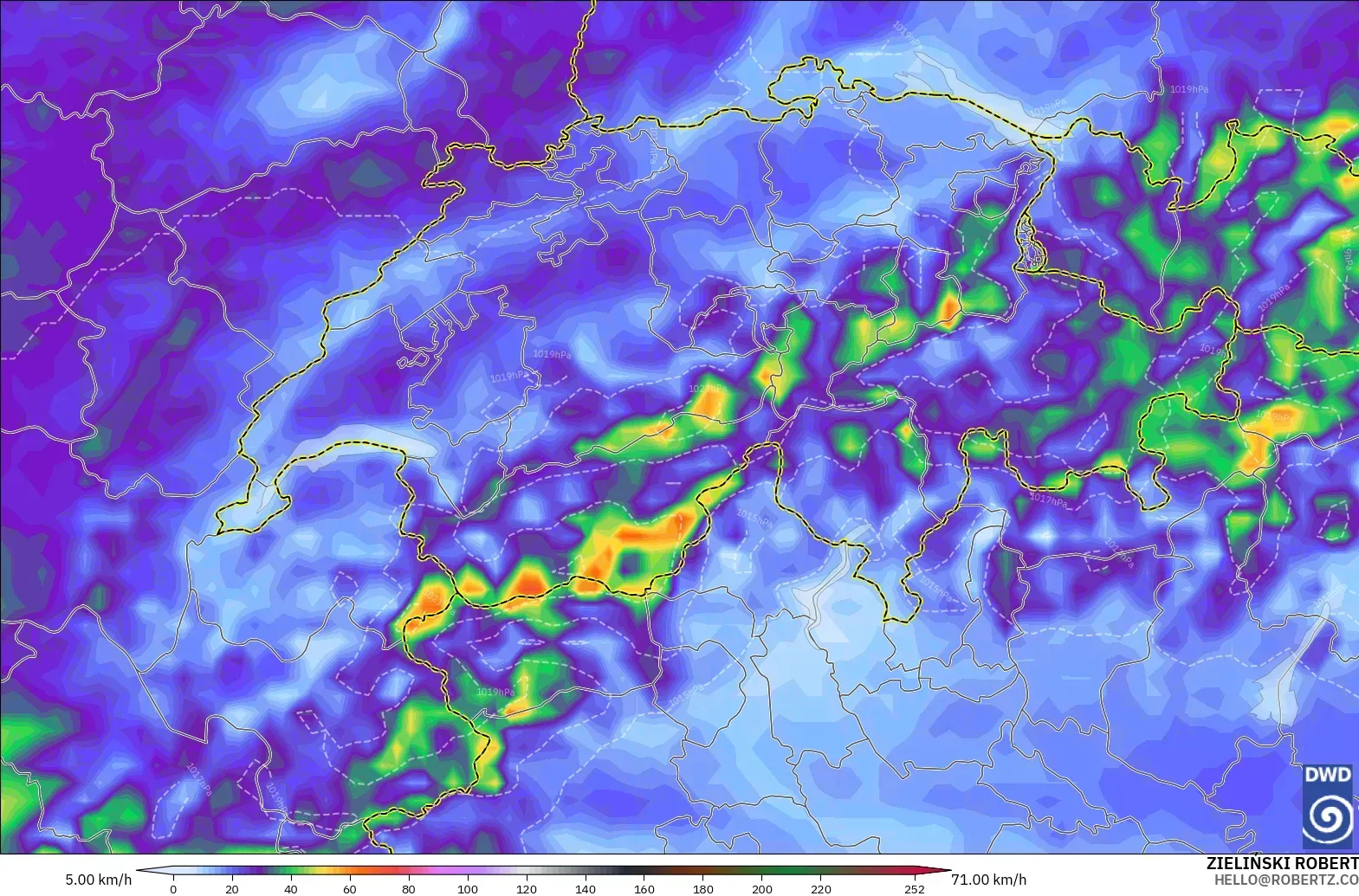 ICON modelo - Suiza, Ráfagas de Viento Máximas