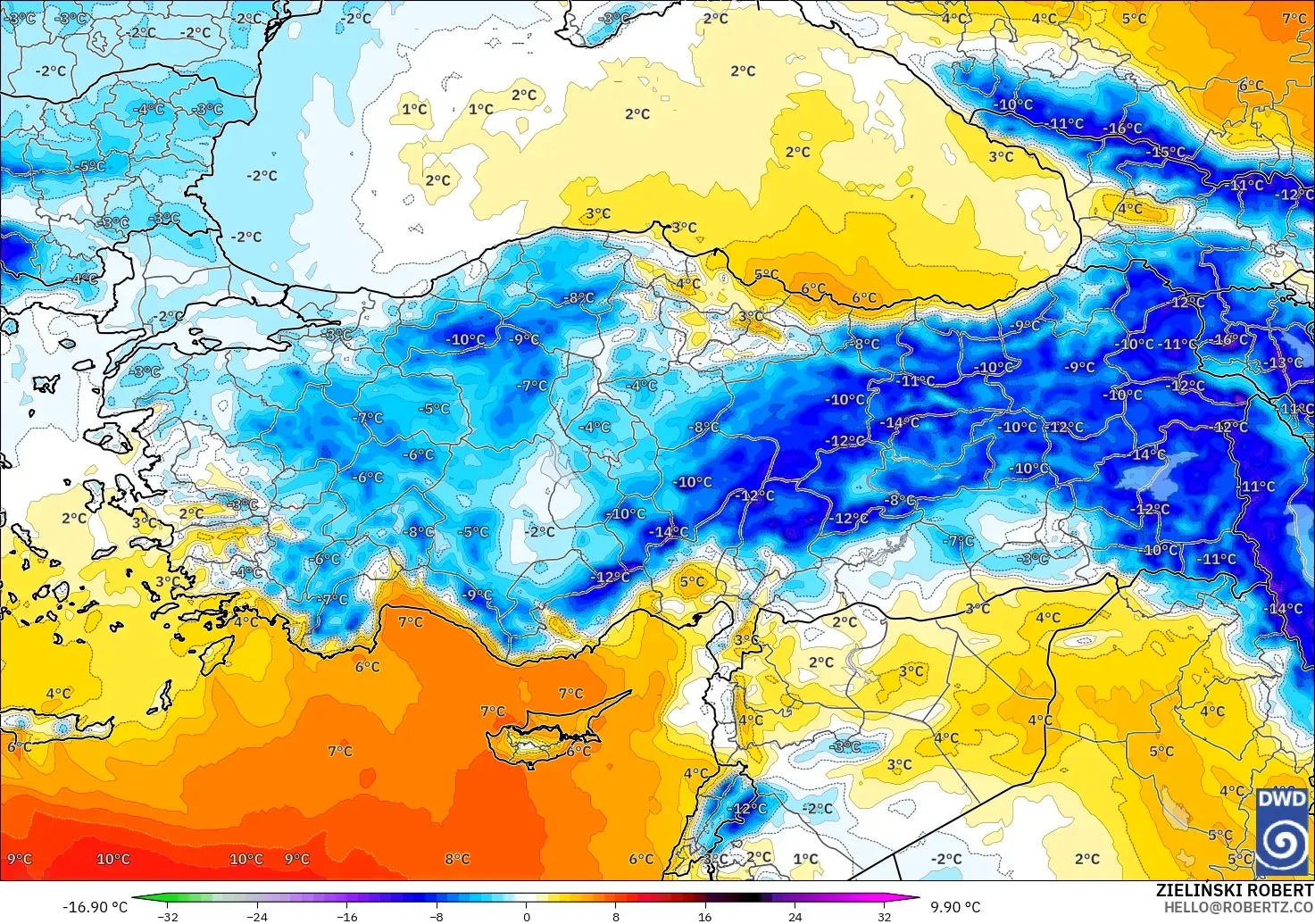ICON modelo - Turquía, Anomalía de temperatura a 850 hPa