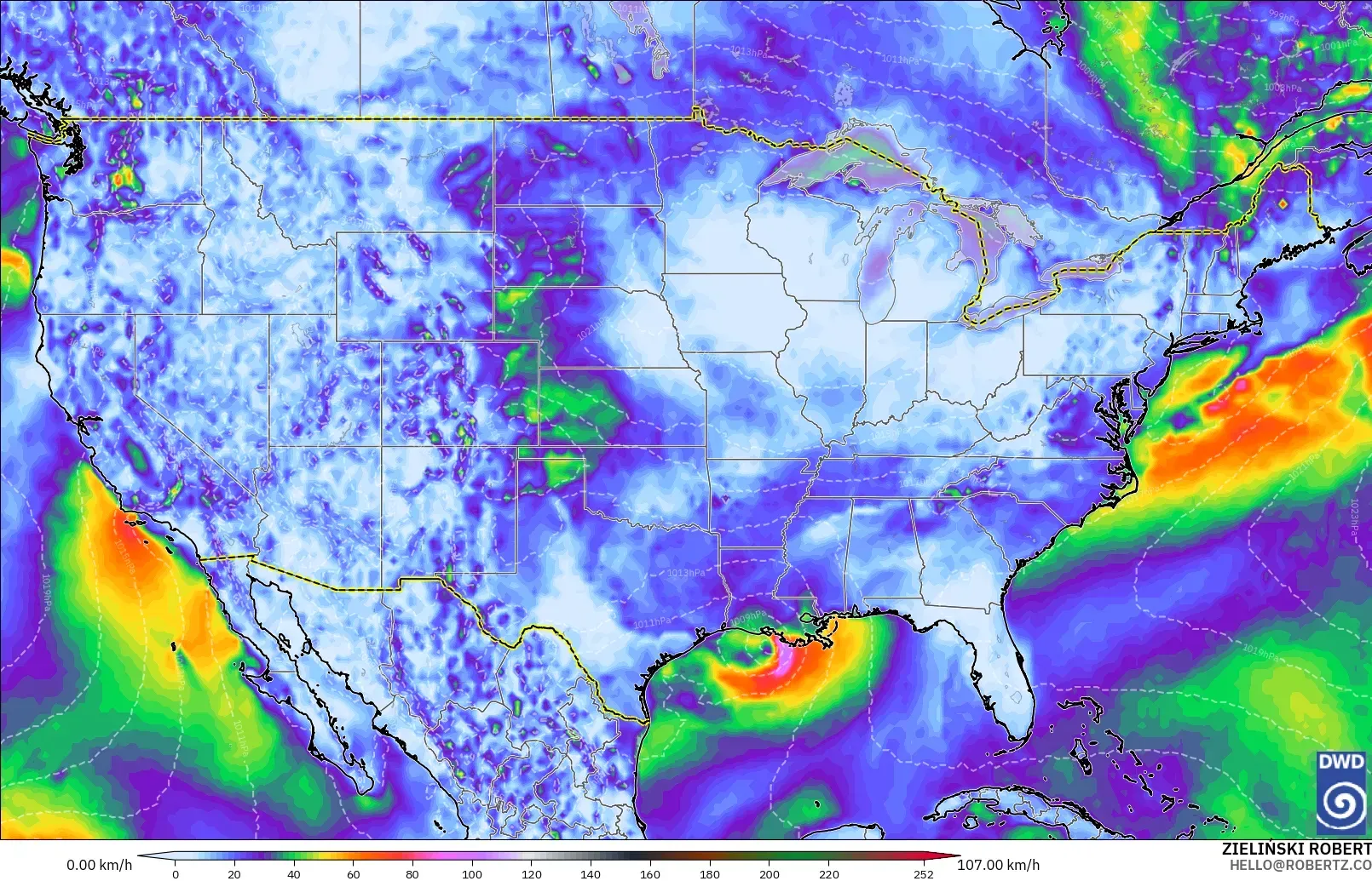 ICON modelo - Estados Unidos, Ráfagas de Viento Máximas
