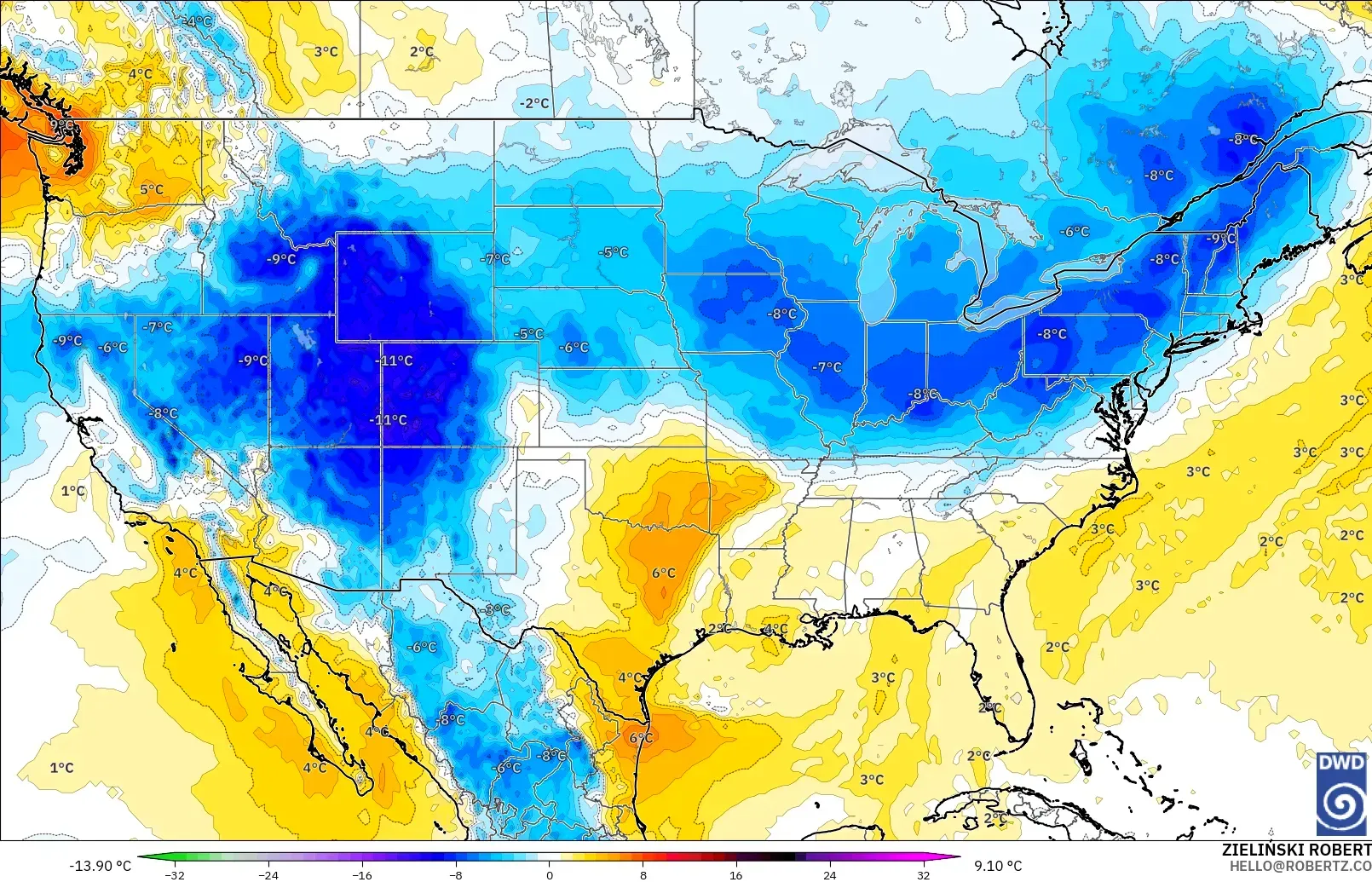 ICON modelo - Estados Unidos, Anomalía de temperatura a 850 hPa