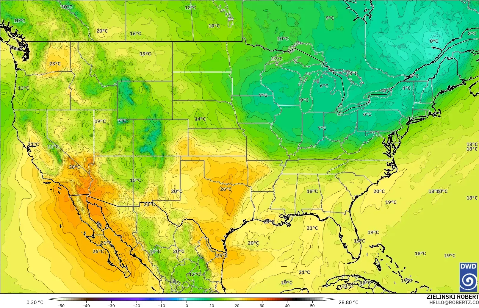 ICON modelo - Estados Unidos, Temperatura a 850 hPa