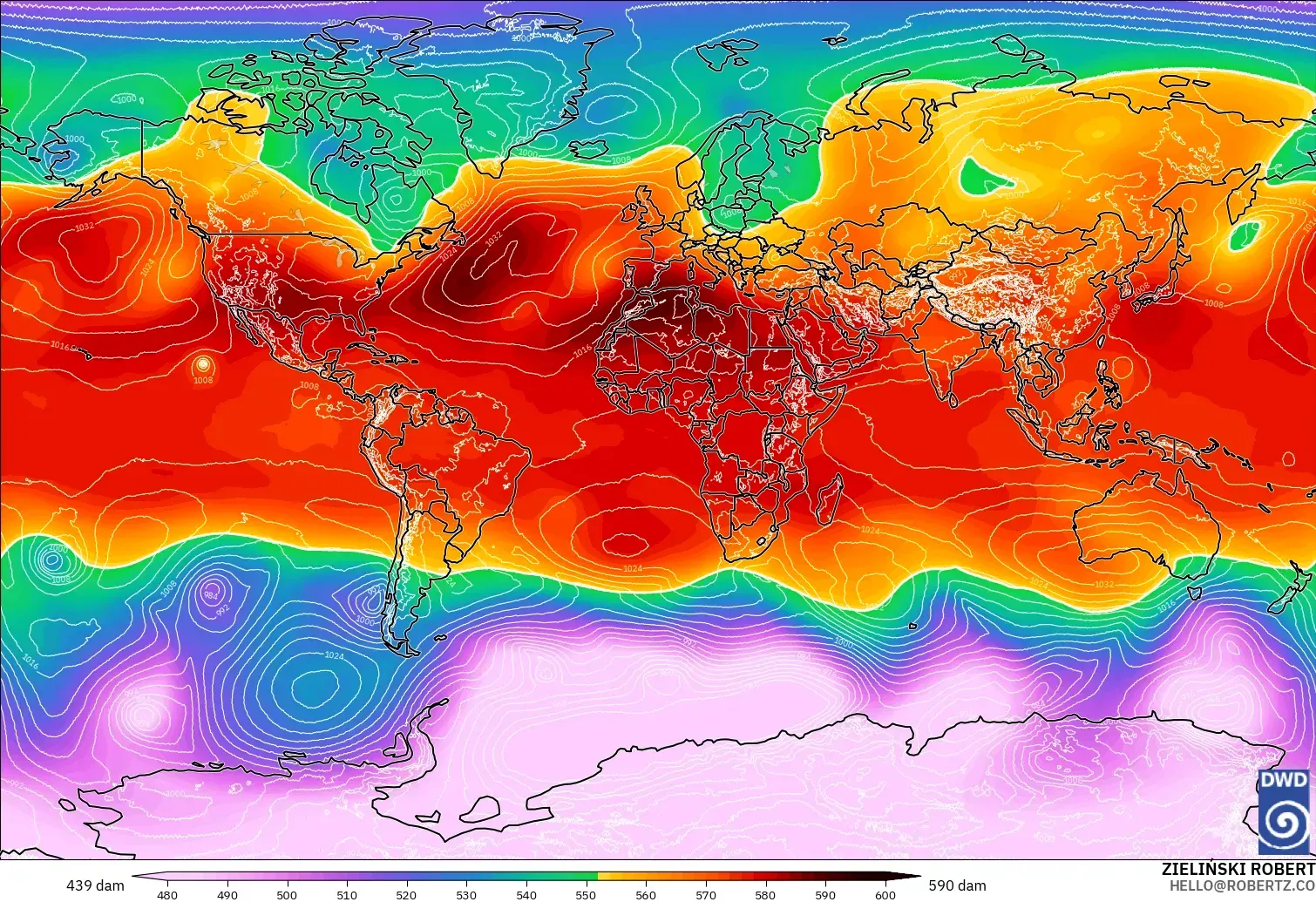 ICON modelo - Mundo, Altura geopotencial a 500 hPa