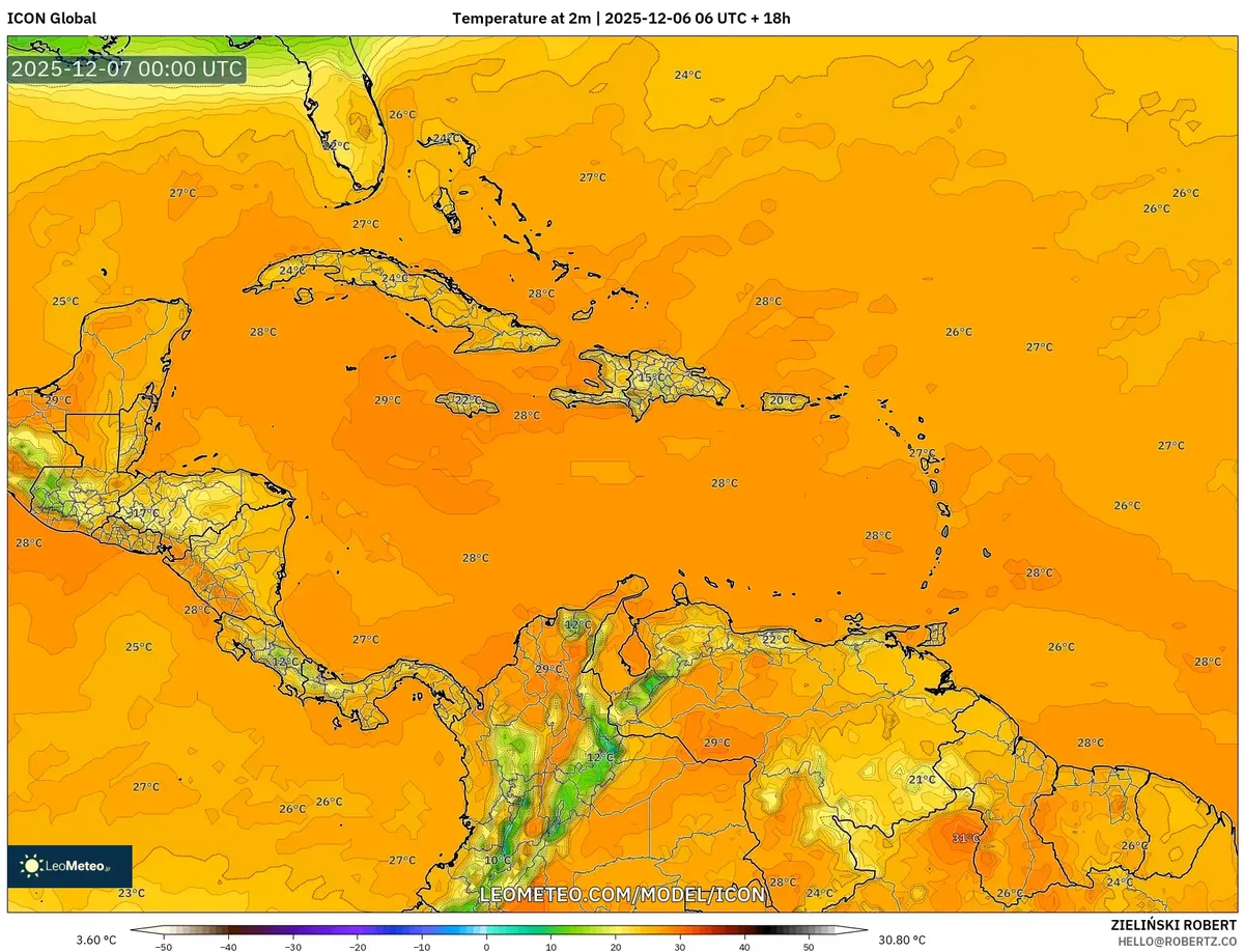 Predicción de Temperatura para el Caribe de 18 Horas del 2025-12-06 – Perspectiva del Domingo Cálido y Riesgo de Lluvia Intensa