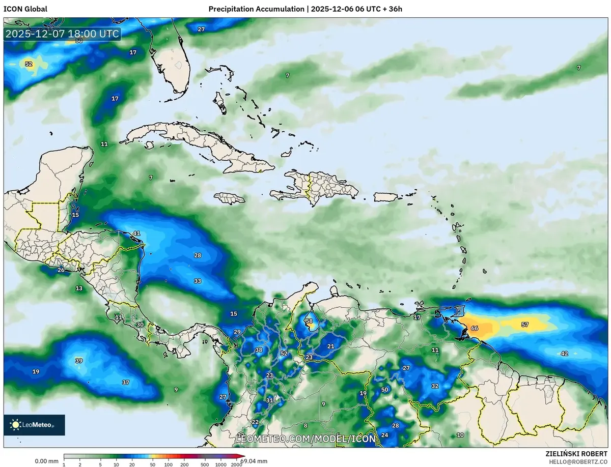 Predicción de Acumulación de Lluvia Intensa para el Caribe del 2025-12-06 – Perspectiva del Domingo Cálido
