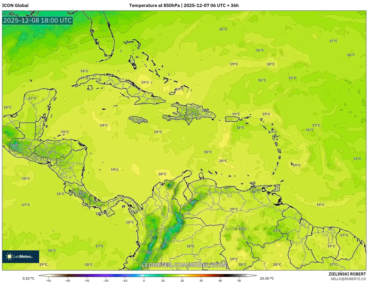 2025-12-07 Pronóstico de temperatura de 18 horas para el Caribe a 850 hPa – Tiempo cálido y húmedo, lluvias y vientos fuertes