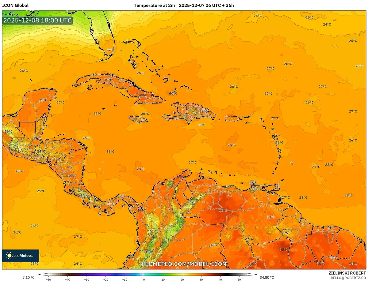 2025-12-07 Pronóstico de tiempo del lunes cálido y húmedo – Temperaturas 20-25 °C, lluvias esparcidas y vientos fuertes