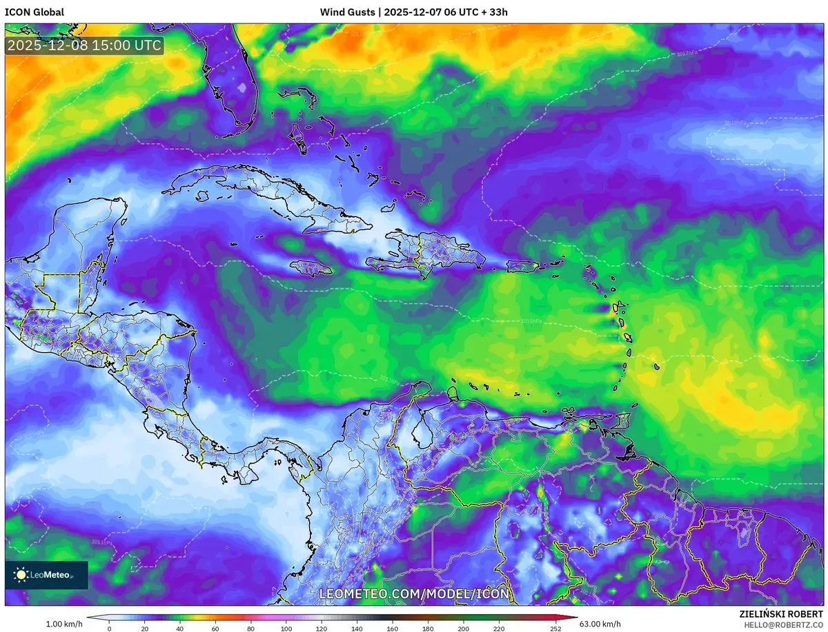 Mapa del pronóstico de ráfagas de viento – Costa Rica Dic 07 2025 | Vientos costeros fuertes y actualización del tiempo