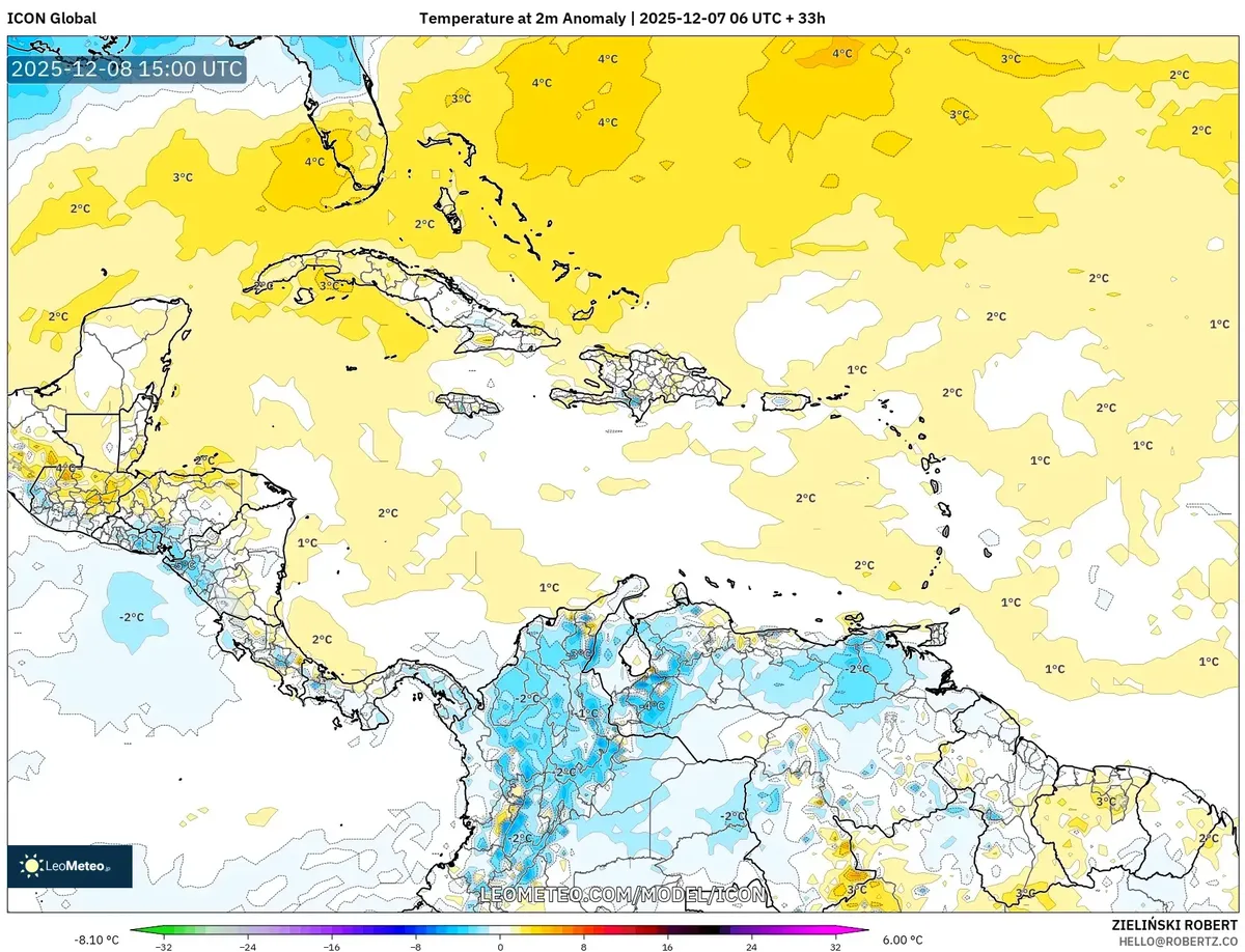 2025-12-08 Mapa de anomalías de temperatura del Caribe a 850 hPa – Pronóstico del lunes cálido y húmedo