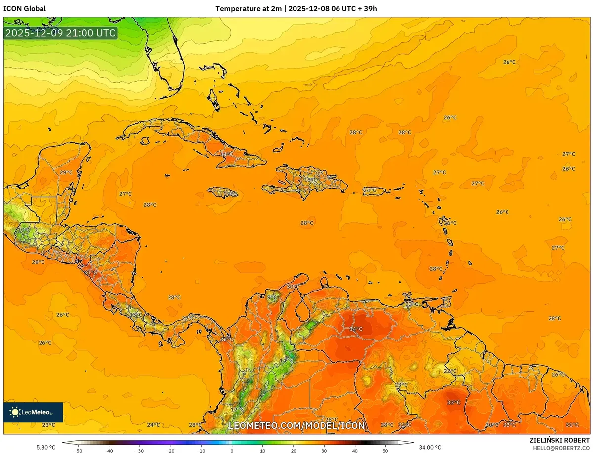 Predicción de temperatura cálida y húmeda para el miércoles – Lluvia intensa y vientos fuertes – 08-12-2025