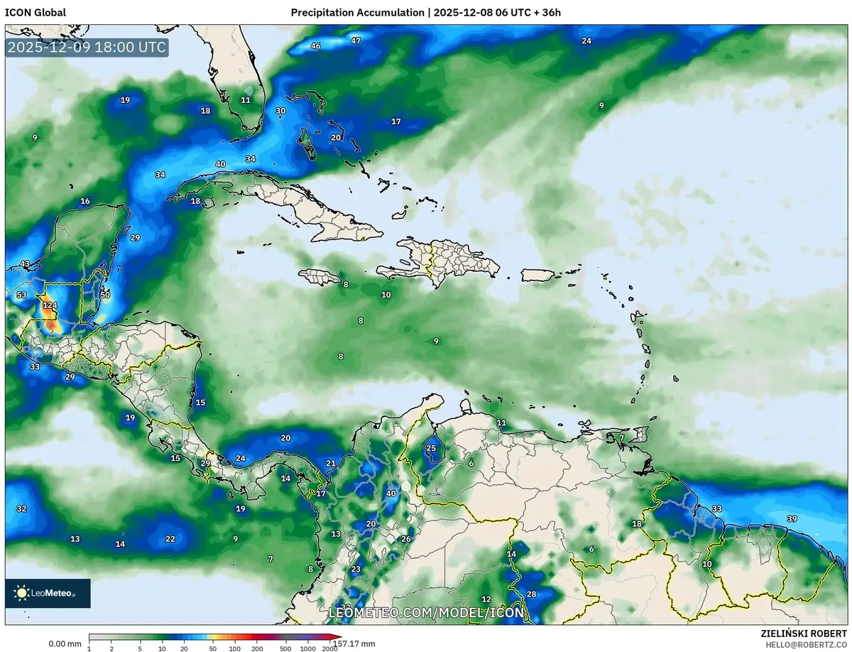 Predicción de acumulación de lluvia intensa – 08 dic 2025, clima cálido y húmedo