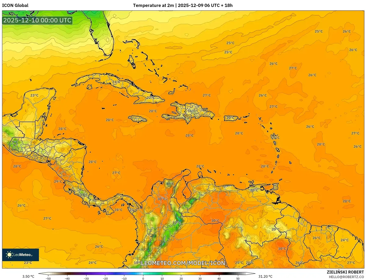 2025-12-09 Pronóstico de Temperatura – Miércoles cálido y húmedo, hasta 34 °C, lluvia intensa y vientos fuertes