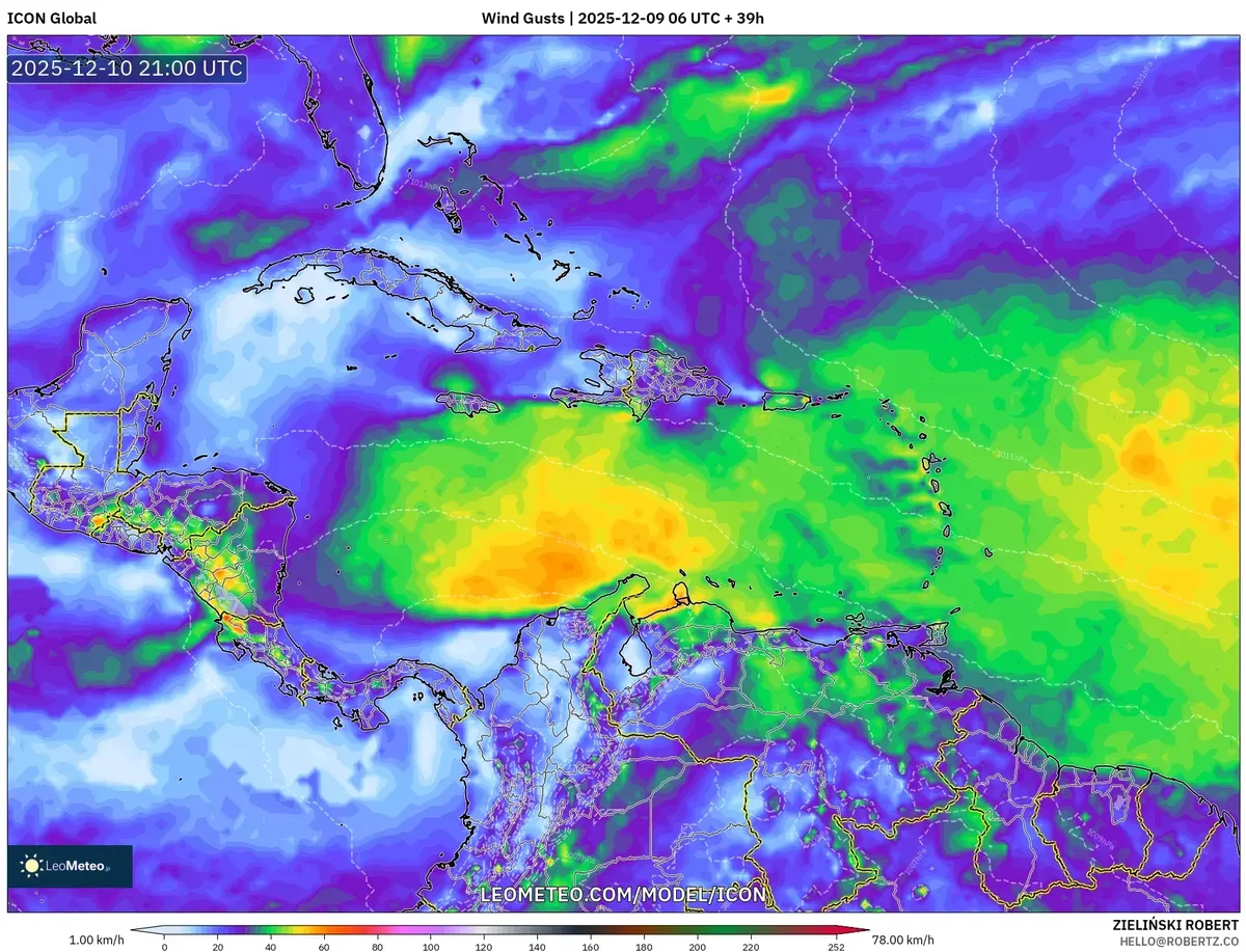 Ráfagas de viento fuertes en la costa del Pacífico previstas para 2025-12-09 - Lluvias intensas, clima cálido y húmedo