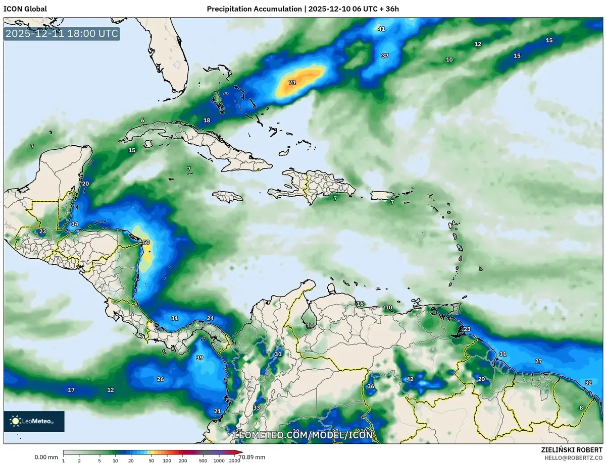 2025-12-10 Lluvias intensas en el Caribe y vientos fuertes pronosticados - Mapa detallado de acumulación de precipitaciones