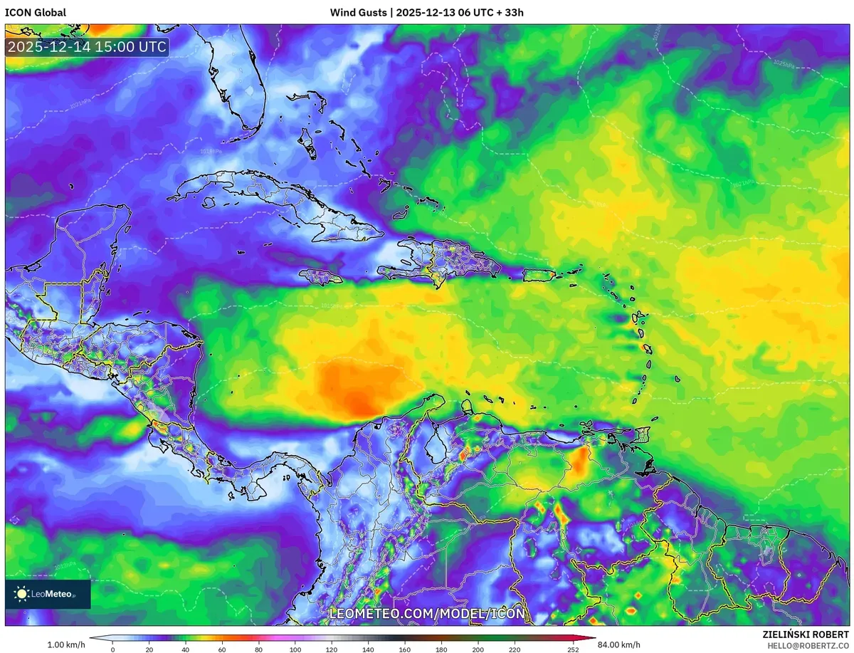 Wind Gusts Forecast Map – Caribbean Region December 13 2025 – Weather Model Prediction