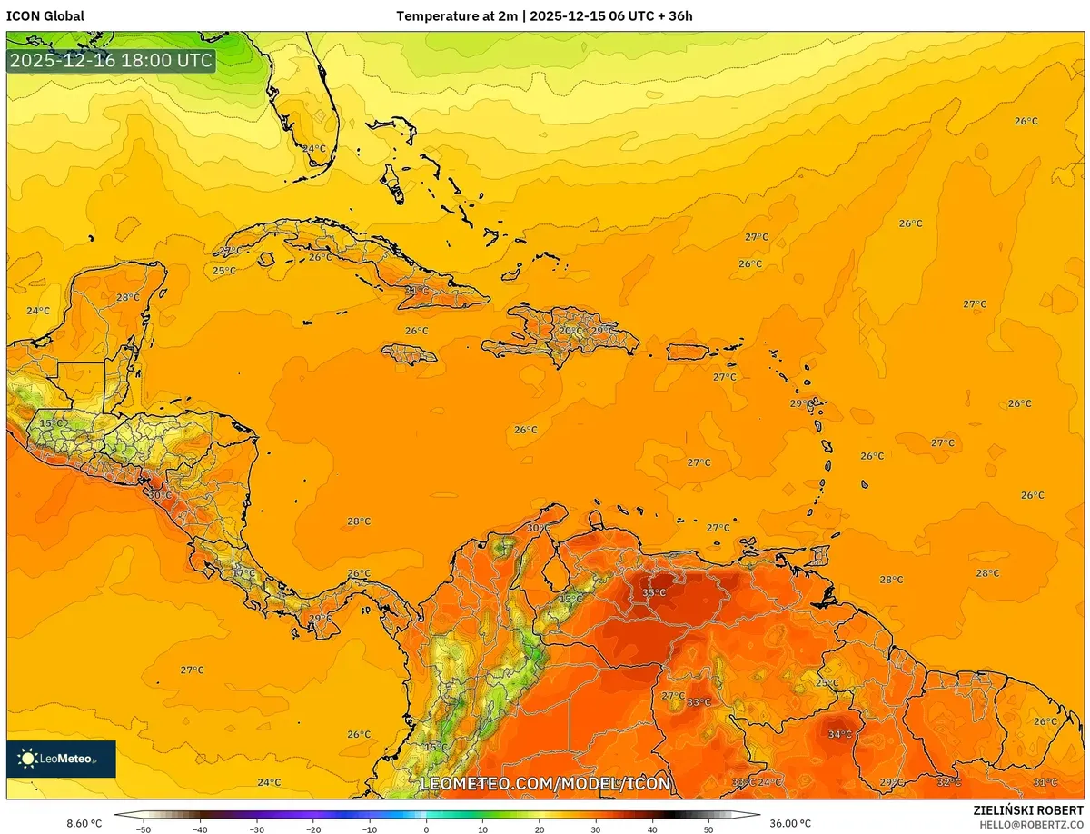Evening Clear Skies Over Costa Rica – Warm Weather Forecast 2025‑12‑15 (Temperature Map)