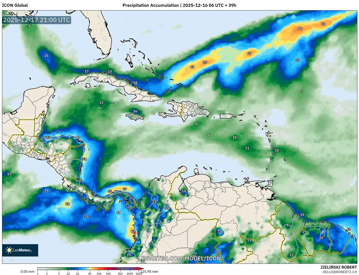Afternoon Rainfall Accumulation Forecast – Warm Humid Wednesday 16-12-2025 Costa Rica 🌧️☀️