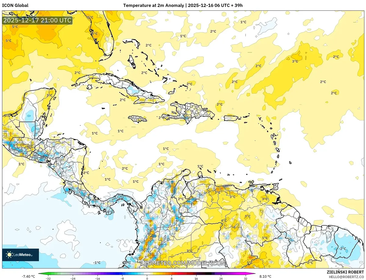 2025-12-16 Mapa de anomalía de temperatura – Pronóstico cálido y húmedo para Costa Rica 🌡️☀️
