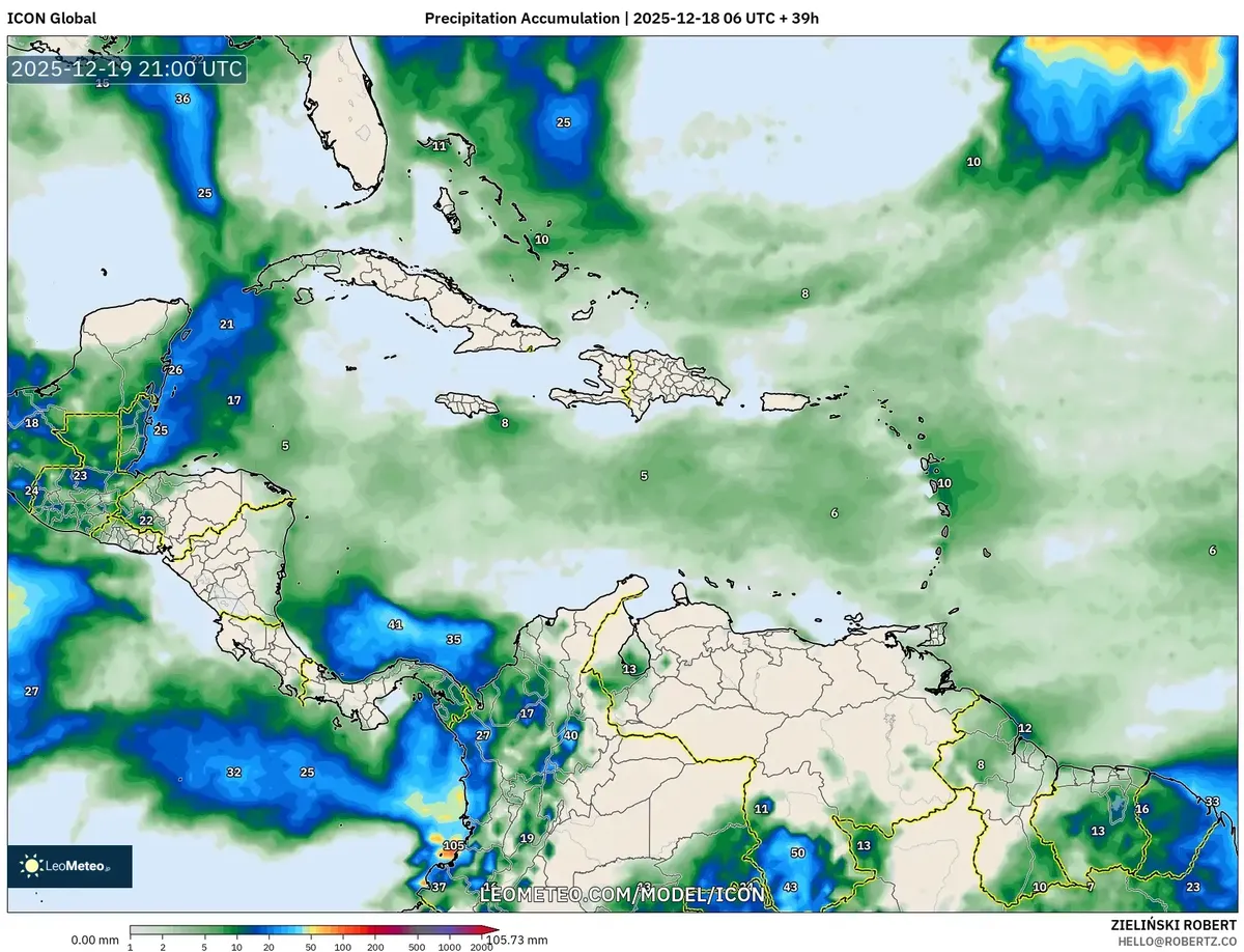 Precipitación Acumulada Pronóstico para el viernes, dic 18 2025 – Perspectiva del Clima de Costa Rica