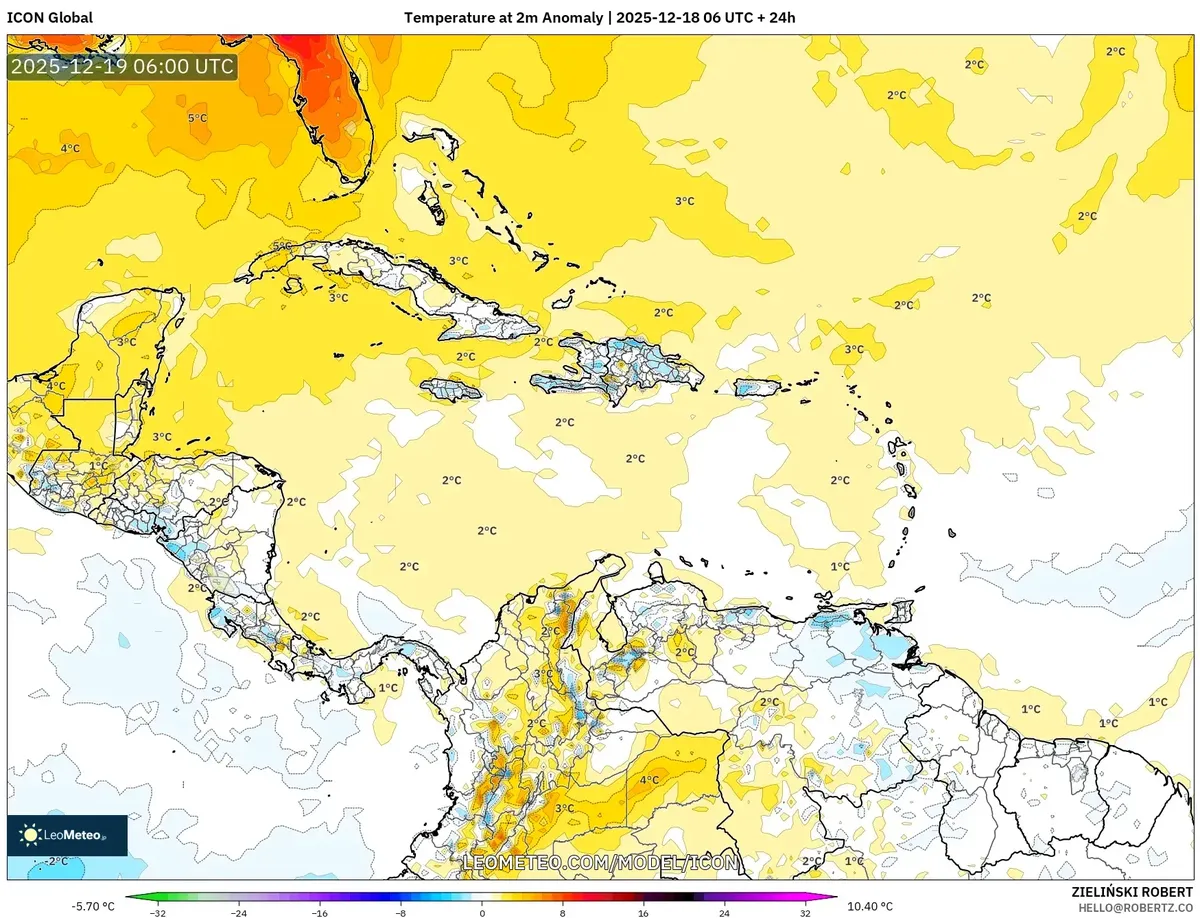 2025-12-18 Pronóstico de anomalía de temperatura superficial – Viernes soleado, hasta 28 °C en todo Costa Rica