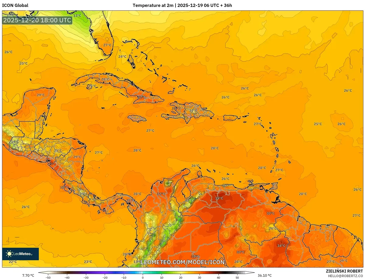 2025-12-19 Caribbean Saturday Temperature Forecast – Warm 28 °C
