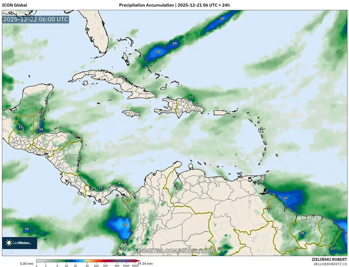 2025-12-21 Pronóstico de Acumulación de Precipitaciones en el Caribe – Mapa detallado de lluvias y perspectiva del modelo meteorológico
