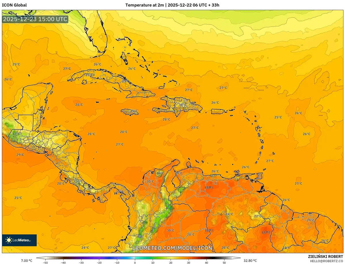 2025-12-23 Christmas Warm Sunny Weather Forecast for Central America – Temperature & Wind Overview