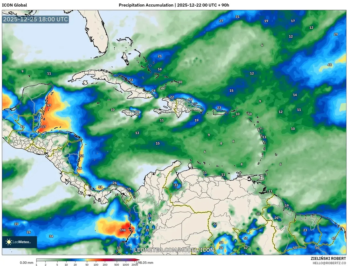 2025-12-25 Christmas Precipitation Accumulation Map – Central America Warm Sunny Weather Forecast