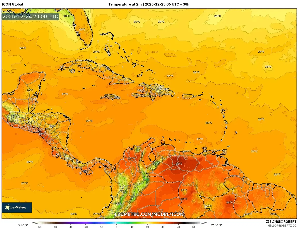 Navidad cálida en el Caribe para la víspera de Navidad - 2025-12-23: Soleado, seco y 28°C de temperaturas máximas