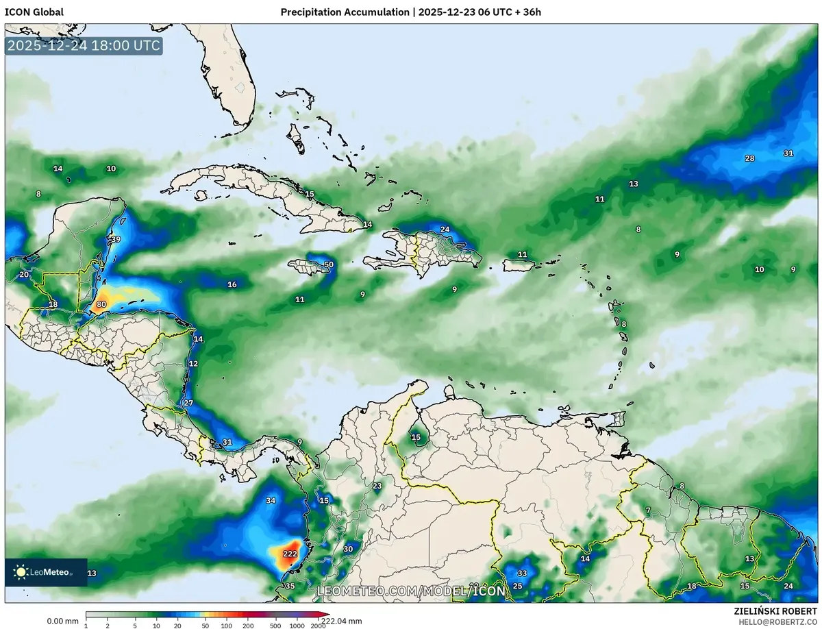 2025-12-23 Cálido Navidad Caribeña Noche de Reyes Pronóstico de Precipitación